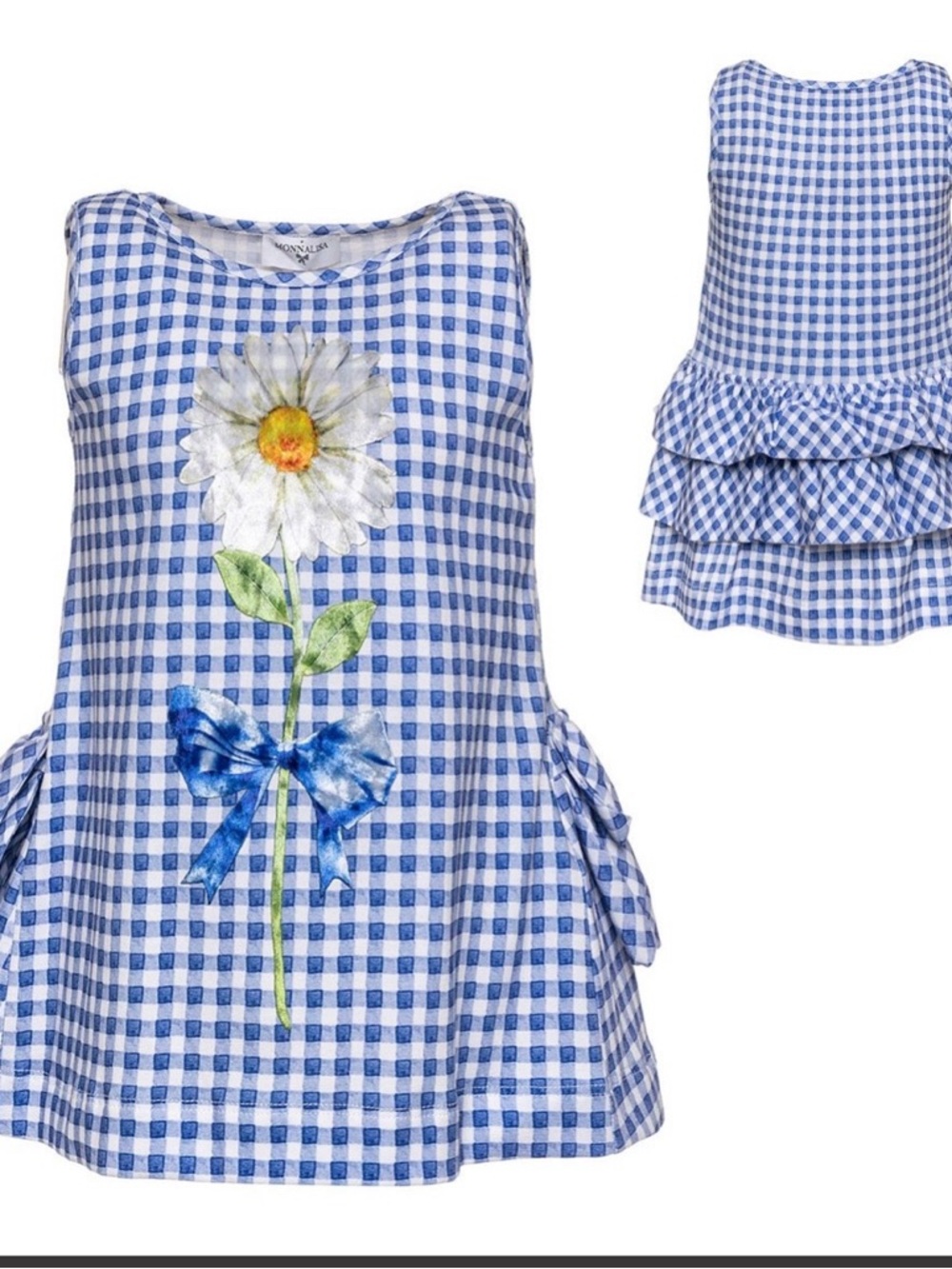 MonnaLisa Blue Gingham Daisy Bow Dress